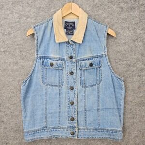 Solutions Women's Blue Denim Vest Size M Cotton Corduroy Collar Trucker Retro